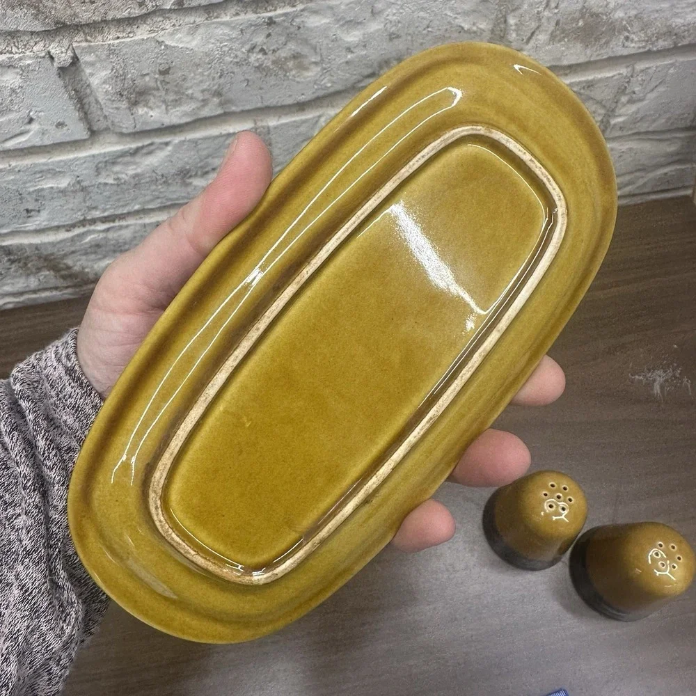 Set Vintage Ceramic Butter Dish & Salt / Pepper MCM Retro 70s Gold Brown Glazed